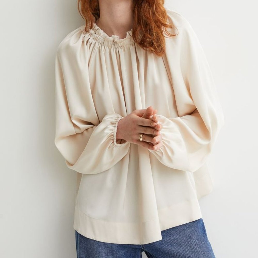 Cream Balloon Sleeve Silk Blouse